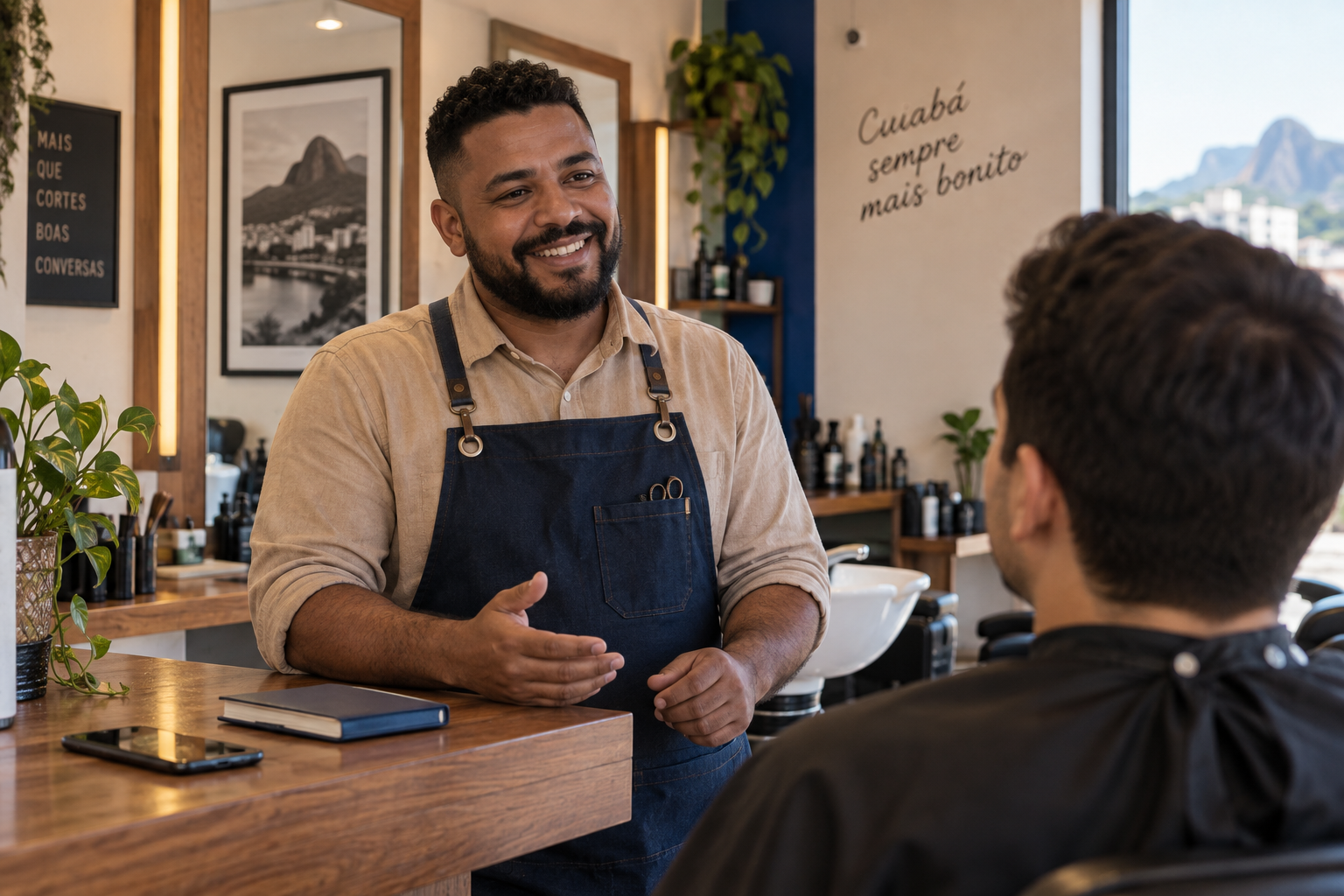 Atendimento humanizado em uma barbearia; imagem ilustrativa