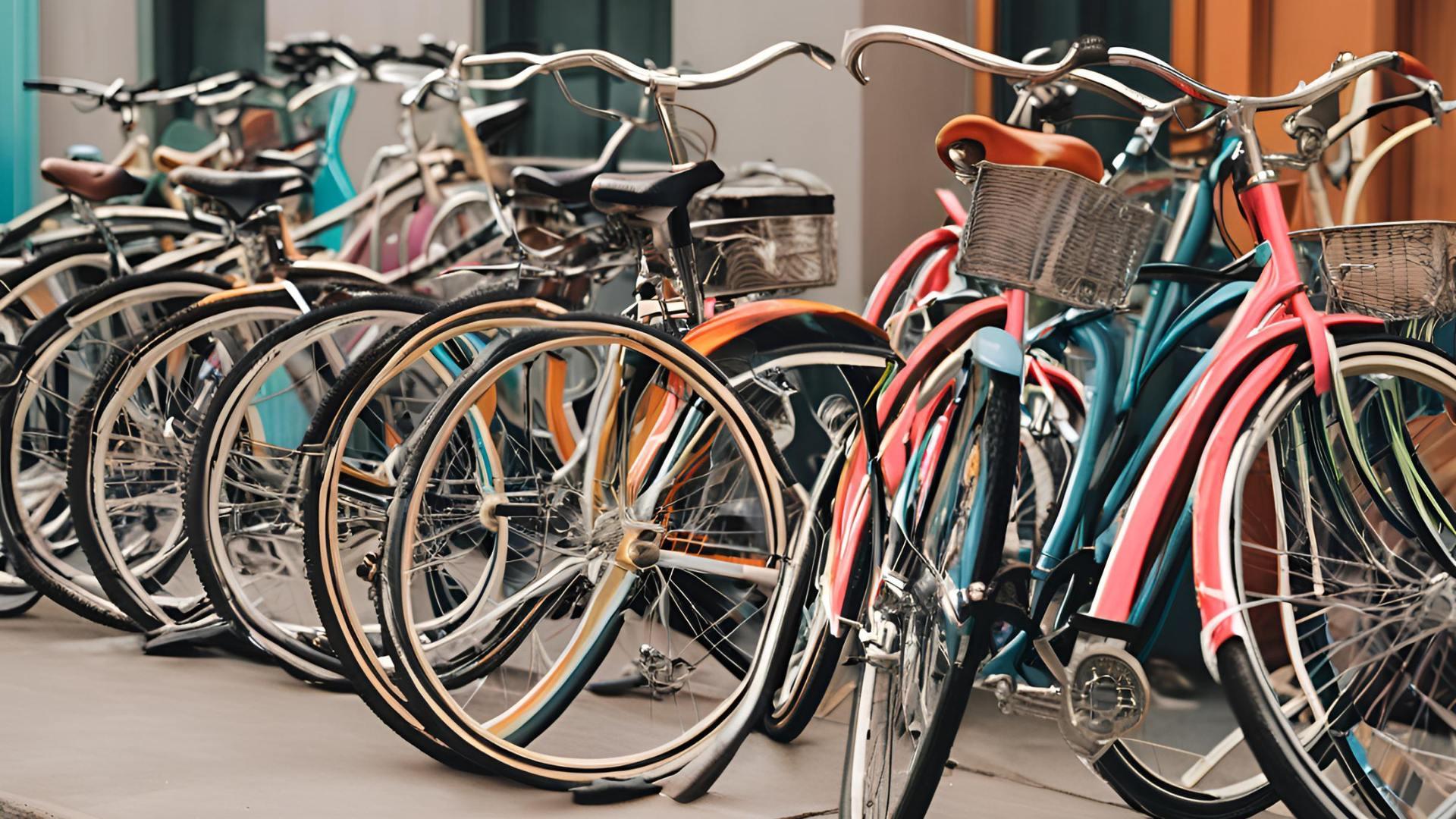 Fila de bicicletas urbanas coloridas em exposição