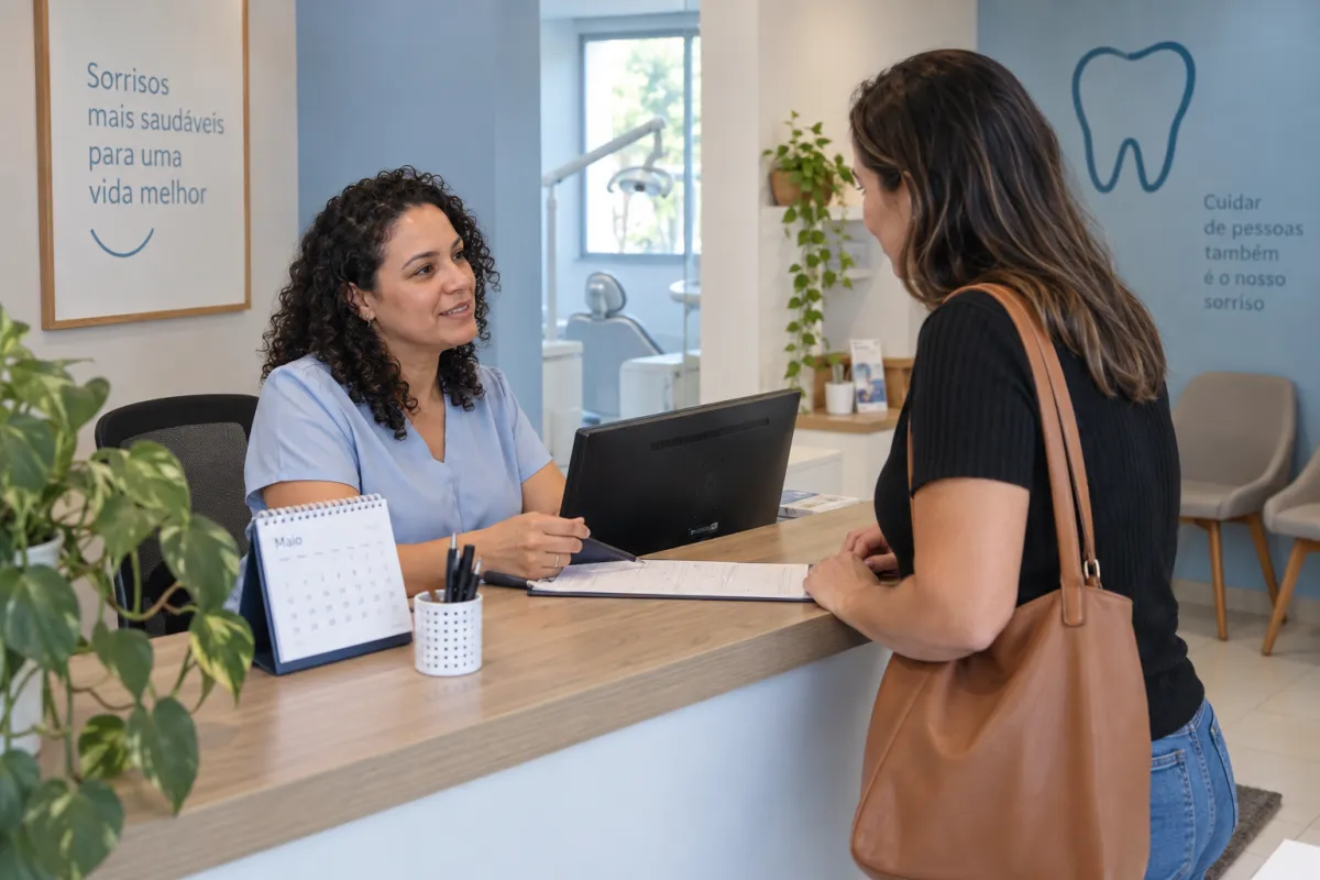 Recepcionista conversa com uma cliente no balcão de uma clínica